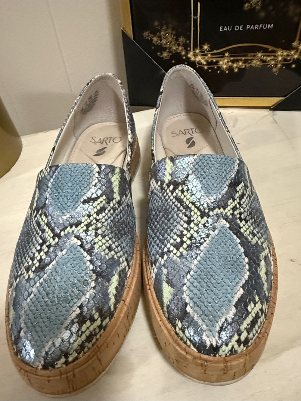 Franco Sarto Blue Snake-Print Platform Loafers
